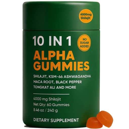 [BRSREHYCA57WOCLV] 10-in-1 True Alpha Shilajit Gummies, 4000mg Himalayan Alpha Gummies for Men, Energy Boost, Immune Support, with Ashwagandha, Maca Root, Tongkat Ali, Fulvic Acid, 85+Trace Mineral, No Added Sugar, 60ct