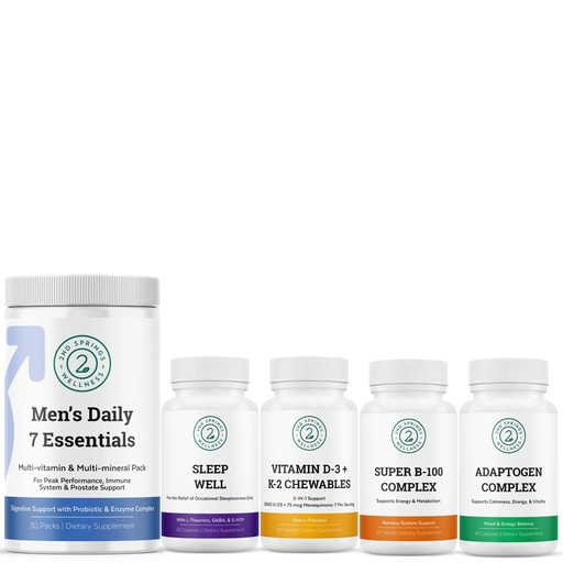 [BRSRAC34PIGQKHL2] Ultimate Men's Health Bundle - Vitamin D3+K2, Super B-100 Complex, Sleep Well, Adaptogen Complex & Men's Daily 7 Essentials