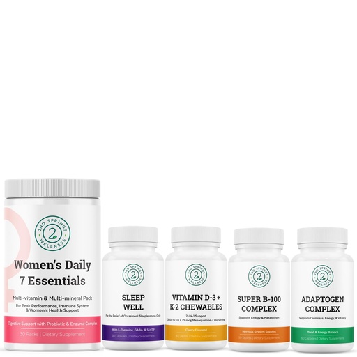 [BRSRAC34AAMQEGQ2] Ultimate Women's Health Bundle - Vitamin D3+K2, Super B-100 Complex, Sleep Well, Adaptogen Complex & Women's Daily 7 Essentials