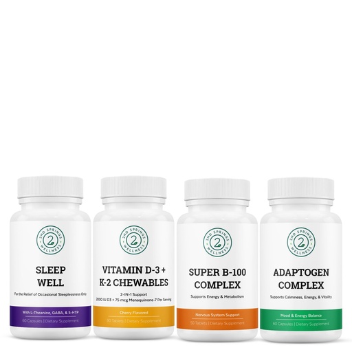 [BRSRAC34AB7BOC3V] Essential Supplement Bundle - Vitamin D3+K2 Chewables, Super B-100 Complex, Sleep Well & Adaptogen Complex