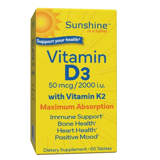 [BRSRACYZAABRSFDD] Sunshine Vitamin D3 with Vitamin K2, D3 2000 IU with K2 100 mcg for Healthy Muscle Function, Bone Health and Immune Support, Vitamin D3 K2, 60 Tablets