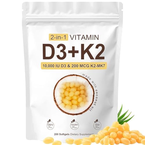 [BRSREAQ6DIBA4CL5] Vitamin D3 K2 10000 IU, 200 Virgin Coconut Oil Softgels, 2 in 1 Vitamins Supplement D & K (Include MK7), Easy to Swallow, Supports Calcium Absorption, Bone Health (1pc)