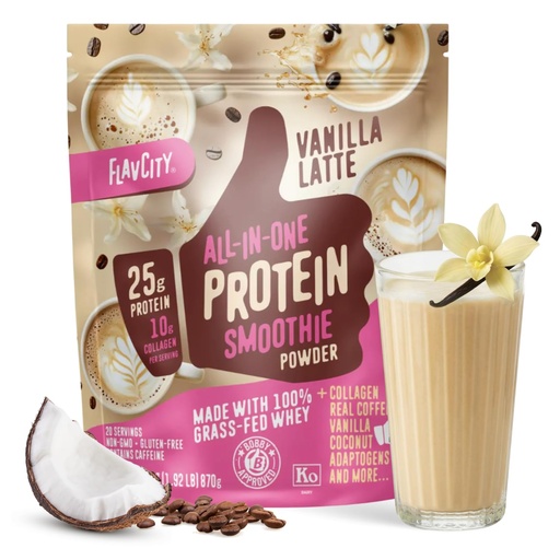 [BRSRAAL2CQDREHTH] FlavCity All in One Protein Shake Powder, Vanilla Latte - 60mg Caffeine + Collagen Peptides, Reishi & Cordyceps - Focus, Skin, Hair & Joint Support - 100% Grass Fed Whey, 20 Servings