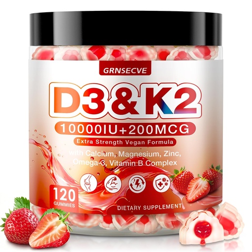 [BRSRGAY2DJ5QEHT6] Vitamin D3 K2 Gummies - Vitamin D3 10000 IU & K2 (MK-7) 200 mcg - Vegan K2 D3 Vitamin Supplement w/Magnesium - Supports Bones, Muscle, Calcium Absorption, and Immune Health | 120 Count, Sugar Free