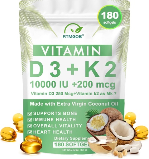 [BRSRGFI3DN4GECL7] Vitamin D3 K2 Supplement,Vitamin D3 10,000 IU + K2 MK-7 200 mcg Virgin Coconut Oil Softgels,Immune,Teeth & Bone Health Extra Strength,Non-GMO, Gluten Free-Easy to Swallow-180 Softgels