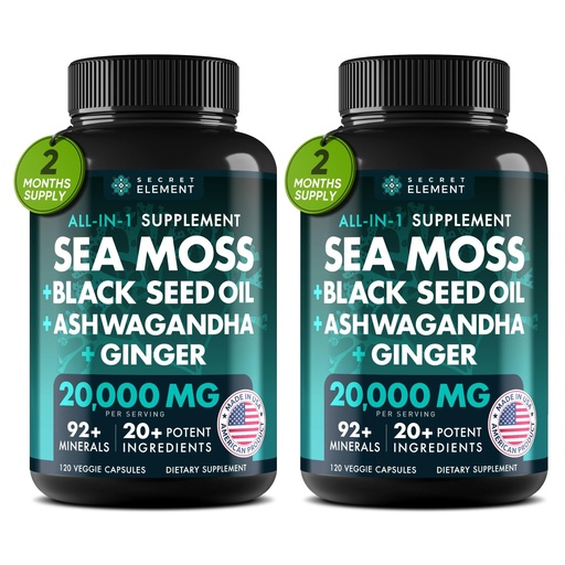 [BRSRABQFB4NAGHT6] Secret Element Irish Sea Moss Black Seed Oil Ashwagandha Ginger, 20,000mg Capsules, Seamoss Black Seed Oil Ashwagandha Burdock Root, All in One Supplement, 120 Capsules, Pack of 2
