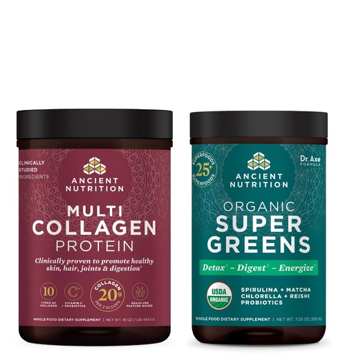 [BRSW2GABC4AROH3U] Ancient Nutrition Organic SuperGreens Powder, 25 Servings + Multi Collagen Protein Powder, Unflavored, 45 Servings