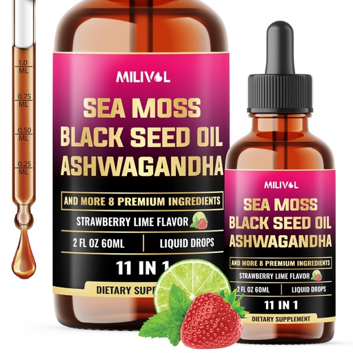 [BRSRAEI7AUARUEQ4] 11in1 Sea Moss Liquid Drops - Irish Sea Moss with Black Seed Oil, Ashwagandha & 8 Other - Supplement for Immune, Skin, Digestion - 2 Fl Oz - 60 Days