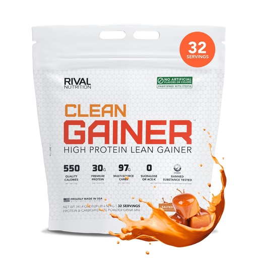 [BRSRGFAZCUPAACTJ] RIVAL NUTRITION Clean Gainer Salted Caramel High-Protein Lean Gainer Powder I 10 Lb, 32 Servings I 550 Calories, 30g Protein, 97g Multi-Source Carbs Per Serving I Natural Flavors, Clean Ingredients
