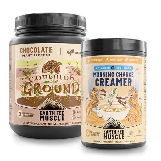 [BRSREFL2OABRADL4] Earth Fed Muscle Power & Focus Bundle – Chocolate Plant-Based Protein Powder + Coffee Creamer with Collagen & Lion’s Mane – Clean Energy, Mental Clarity, Hair & Joint Support – Dairy-Free, Glute