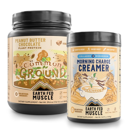 [BRSREFL2OANGEALG] Earth Fed Muscle Plant-Powered Wellness Bundle – Common Ground Vegan Protein Powder (Chocolate Peanut Butter) & Morning Charge Coffee Creamer with Collagen & Lion’s Mane – Daily Energy, Focus & Recove