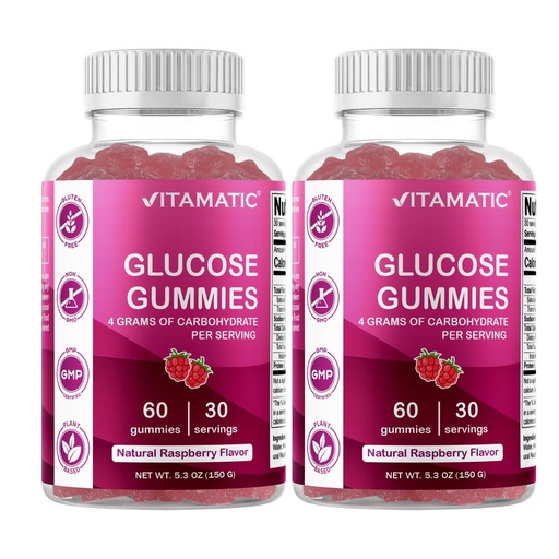 [BRSROZQCAEPGOCQ7] Vitamatic Glucose chewable Gummies - 60 Count - Natural Raspberry Flavor - 4G of Carbohydrate per Serving (2 Bottles)