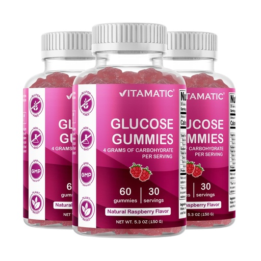 [BRSROZQCPIIWEGY6] Vitamatic Glucose chewable Gummies - 60 Count - Natural Raspberry Flavor - 4G of Carbohydrate per Serving (3 Bottles)