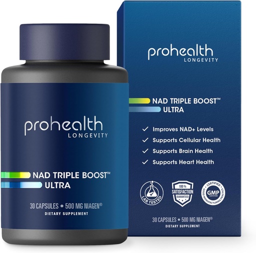 [BRSRAY34CADQAEY4] ProHealth NAD Triple Boost Ultra + 500mg Niagen NR. 3X NAD+ Optimizer Plus Apigenin, PQQ, Quercetin. Promotes Longevity, Heart and Brain Health, Activates Sirtuins for Cellular Repair (30 Servings)