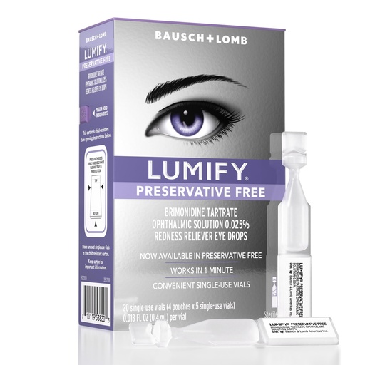 [BRSRAFIQO56GACLX] LUMIFY Preservative Free Eye Drops for Red Eyes, Redness Reliever for Sensitive Eye, Brighter and Whiter Looking Eyes, Works in 1 Minute & Lasts Up to 8 Hours, 20 Single-Use Vials
