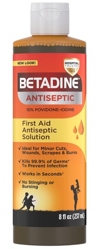 [BRSWIYAKOEDGCHD4] Betadine Antiseptic First Aid Solution, Povidone-Iodine 10%, Infection Protection, Kills Germs in Minor Cuts Scrapes and Burns, No Sting Promise, No Alcohol or Hydrogen Peroxide, 8 FL OZ