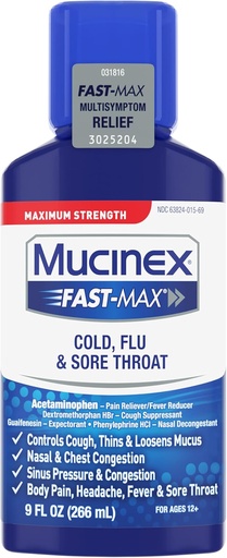 [BRSWI2QADIGQ2CTM] Mucinex Cold, Flu, & Sore Throat Relief Liquid, 9 Fl Oz