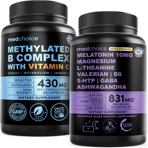 [BRSRGCDRPIOWCH3X] MEDCHOICE Methyl B Complex Capsules and Melatonin Sleep Extra Strength 10mg Melatonin - Active B Vitamin Complex and Nightly Sleep Support with Magnesium and Ashwagandha