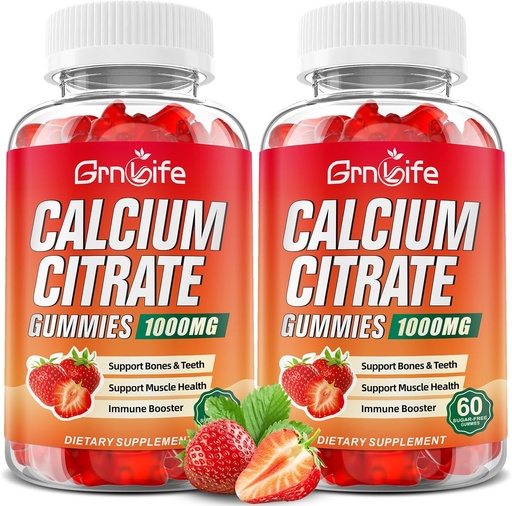 [BRSRAGD3C4NB62DJ] 2 Pack Calcium Citrate Gummies, Sugar Free Calcium Citrate 1000mg Muscle Healthy, Absorption Calcium Supplements for Adults & Kids, Strawberry, 120 Count