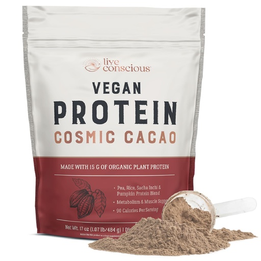 [BRSWYAQNDIFBQFLP] Live Conscious Cosmic Cacao - Organic Vegan Protein Powder, Chocolate Flavor, Plant-Based Blend - Pea Protein, Brown Rice, Pumpkin, Sacha Inchi - 20 Servings, 17 oz