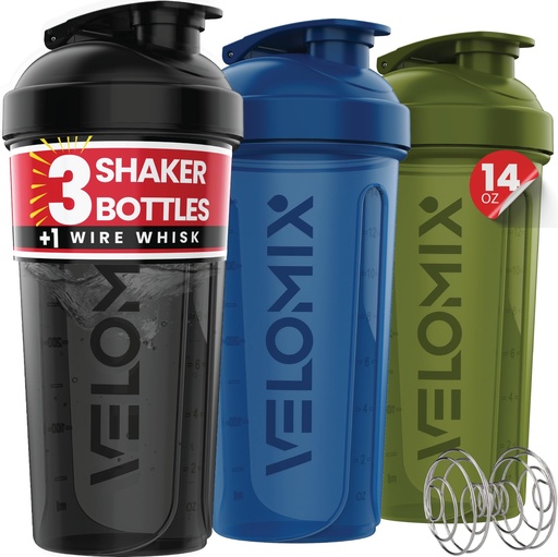 [BRSRGEA7DIMWC3A2] VELOMIX -3 PACK- 14 oz Protein Shaker Bottle for Protein Mixes - 1x Wire Whisk | Leak Proof Shaker Cups for Protein Shakes | Stackable Protein Shaker Bottle Pack | Dishwasher Safe