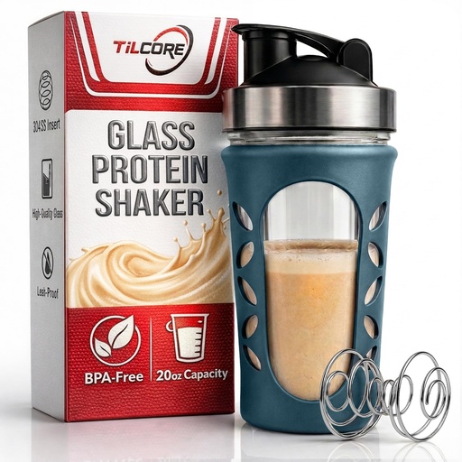[BRSRGYD7PN4BEFD3] Glass Protein Shaker Bottle for Protein Mixes and Shakes - 635ml 20oz, BPA-Free, Leak-Proof & Durable Glass Shaker Blender - Mixer Bottle for Gym