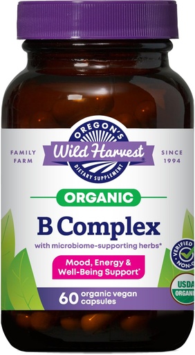 [BRSRGCQTPIMBG2D3] Oregon's Wild Harvest B Complex Capsules | 60 USDA Certified Organic Vegan Capsules | Whole Food B Vitamins with Microbiome-Supporting Herbs | Non-GMO, Gluten-Free, Dairy-Free, Soy-Free