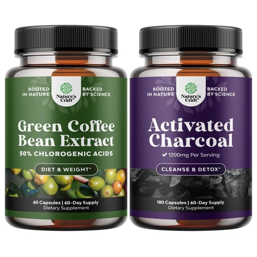 [BRSRABQBC4PAEEY4] Bundle of Pure Green Coffee Bean Extract for Antioxidant Heart Health Mental Focus and Size Reduction and Cleanse and Detox Activated Charcoal Capsules for Bloating Relief and Body Detox Cleanse