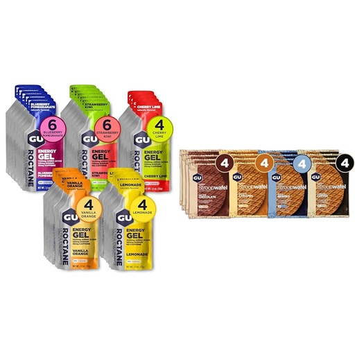 [BRSRAYITDIBRACTA] GU Energy Gel and Stroopwafel Sports Nutrition Variety Bundle, 24 Roctane Ultra Endurance Packs and 16 Stroopwafel Wafles