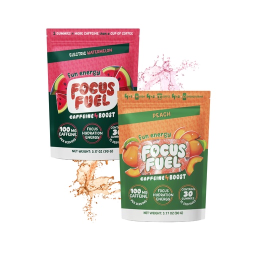 [BRSREEAPBZ4A43DP] FocusFuel Energy Chews Variety Pack – Peach & Watermelon (2-Pack, 30 Servings Total) – 100mg Natural Caffeine + Nootropics – Juicy Energy with No Crash