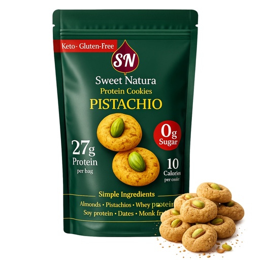 [BRSRGZQOPMHRSC3F] Pistachio Protein Cookies, 27g Protein Per Bag, 23 Mini Cookies – 10 Calories Each – Keto, Gluten-Free, No Added Sugar, Organic, High-Protein Snack – Made with Almonds, Whey, Dates & Monkfruit