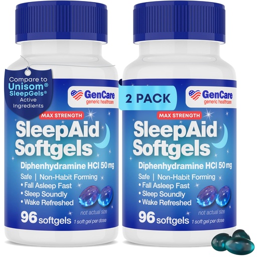 [BRSRAFL2CV6AYA3H] GenCare Maximum Strength Nighttime Sleep Aid Supplement for Adults Deep Sleep Pills with Diphenhydramine HCl 50mg to Fall Asleep Faster- Strong Non-Habit Forming PM Sleeping [96 Softgels] (Pack of 2)