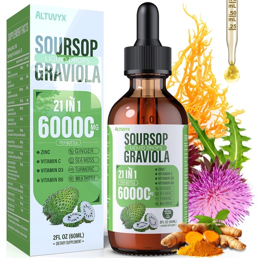 [BRSRYYDQOF6ROA3U] 21-in-1 Soursop Graviola Liquid Drop, Soursop Bitters Liquid 2000mg Organic Soursop Leaves & Fruit with 300mg Sea Moss, Zinc, Vitamins for Cellular, Immune, Skin, Digestive, Natural Flavor, 60ML