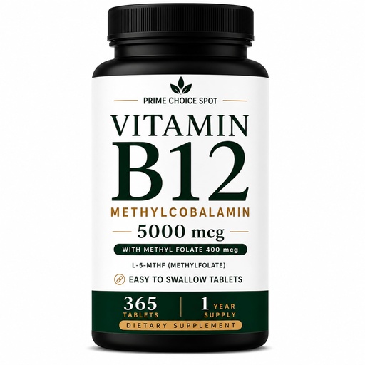 [BRSRYYYNBYIRMGQY] Vitamin B12 5000 mcg + Methyl Folate 400 mcg (L-5-MTHF) | Methylated Methylcobalamin B12 Supplement | 365 Tablets 1 Year Supply | Energy, Nerve & Cognitive Support | Non-GMO Vegetarian