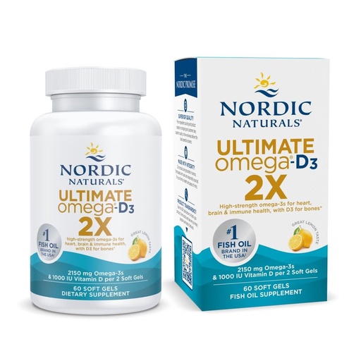 [BRSWECQZCAAQI3T7] Nordic Naturals Ultimate Omega 2X with Vitamin D3, Lemon Flavor - 60 Soft Gels - 2150 mg Omega-3 + 1000 IU D3 - EPA & DHA - Brain, Heart, & Immune Health - 30 Servings