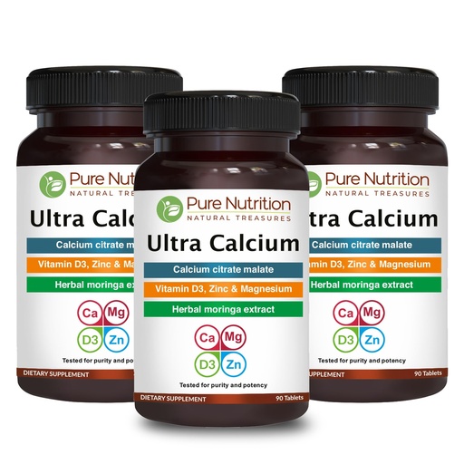 [BRSRAGQNOZ6AYEY4] Pure Nutrition Ultra Calcium 1000mg with VIT D3 + K | 270 Tabs (90 X Pack of 3) | Calcium Supplement with Calcium Citrate Malate, VIT D3, K, Moringa Oleifera, Magnesium and Zinc.
