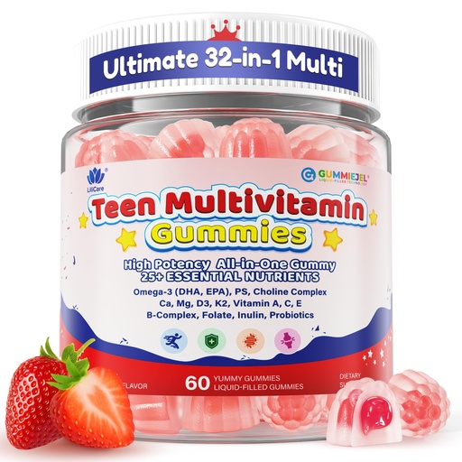 [BRSRGCY3OYNGMA3G] Teen Multivitamin Gummies for Ages 9+ with Omega-3, Magnesium, Methylfolate, Choline, PS, Probiotics - Focus, Brain, Bone, Energy & Gut Support - Teen vitamin for boys girls - Sugar Free, 60 Cts