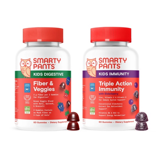 [BRSREC3YBZ7Q4ETD] SmartyPants Kids Digestive & Immune Support Bundle: Fiber & Veggies + Elderberry Gummies with Prebiotic Fiber, Vitamins C, D3, B12 & Zinc – Gluten Free, Non-GMO, 60 Count Each (Pack of 2)