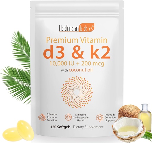 [BRSRAFQFOICR433L] Vitamiin D3 K2 toidulisand Softgel, 2-in-1 mikrokoostisosad Vitamiin D3 10000 IU + 200 MCG Vitamiin K2, Kookosõli Softgels, Vaba GMO, Supplement Softgel (120Pcs)