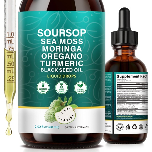 [BRSRGBD2DF7A4ALJ] Soursop Bitters Liquid Drops with Sea Moss – Moringa, Turmeric, Black Seed Oil, Vitamin C & D – Supports Digestive Health & Daily Wellness – Gluten-Free, Non-GMO, Vegan (2 Fl Oz)