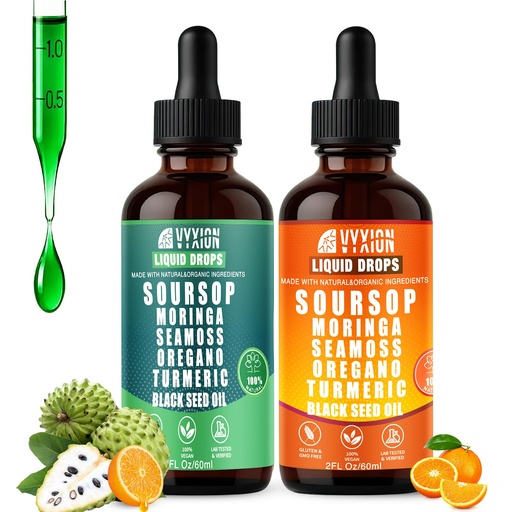 [BRSRGZIKCAMWAFI3] Soursop Bitters Liquid Drops 10 in 1 with Sea Moss, Ashwagandha | Original & Zesty Orange Flavor Combo | 2-Pack (2 Fl Oz Each) | Herbal Extracts for Overall Health | Vegan, Non-GMO, Gluten-Free