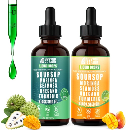 [BRSRGZINOB5G223V] Soursop Bitters Liquid Drops 10 in 1 with Sea Moss, Ashwagandha | Original & Tropical Mango Flavor Combo | 2-Pack (2 Fl Oz Each) | Herbal Extracts for Overall Health | Vegan, Non-GMO, Gluten-Free