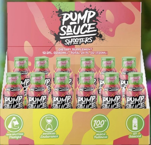 [BRSREGQ7A56AK2DV] Pump Sauce Shooters Watermelon Margarita 2 oz Bottles (Pack of 12) - Pre Workout, No Caffeine, Full Spectrum Liquid, Gluten Free, Vegan, Zero Sugar
