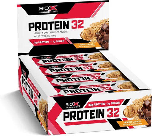 [BRSRAYA3DMCWYHYU] BioX Protein 32 Bar | High Protein, High Fibre, & Low Sugar Bar | 32g Protein, 1g Sugar, 8g Fibre | Sourced From Casein, Whey Protein Isolate, Hydrolyzed Whey Protein | Box of 12 Bars (Peanut Crunch)