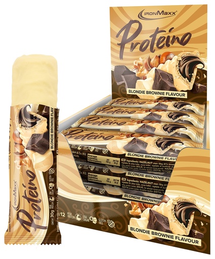 [BRSROYYKBEIBU3LD] IronMaxx Proteino Protein Bar 12 x 30 g - Blondie Brownie | High Protein Bar with Creamy Waffle Based Filling | Sugar Reduced Gluten-Free Palm Oil Free Fitness Snack