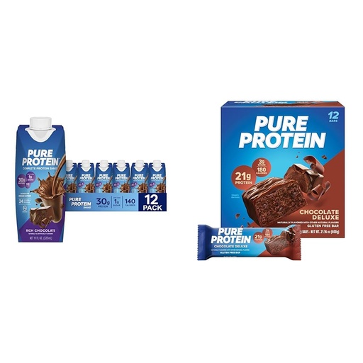 [BRSROAIQOIAQG3LX] Pure Protein Chocolate Protein Shake & Bars, High Protein, Nutritious Snacks to Support Energy, Low Sugar, Gluten Free, Chocolate Deluxe, 1.76 oz., 12 Count(Pack of 1) (Packaging may vary)