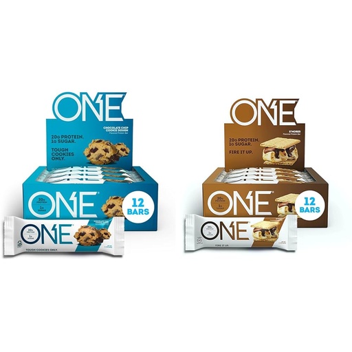 [BRSROCQPOQBGE3TB] ONE Protein Bars, Chocolate Chip Cookie Dough, Gluten Free Protein Bars with 20g Protein & Protein Bars, Smores, Gluten Free Protein Bars with 20g Protein and only 1g Sugar