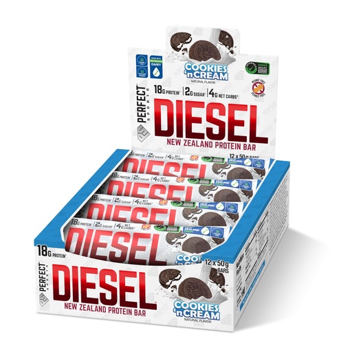 [BRSREFQLBZ5R6GQY] PERFECT SPORTS Diesel New Zealand Whey Protein Bars | Stevia Sweetened, No Artificial Flavors | Low Sugar, 18g Protein | 12 Pack (Cookies n' Cream)