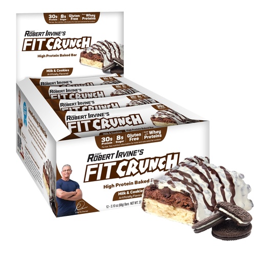 [BRSWYAD2DENGOE36] FITCRUNCH Full Size Protein Bars, 6-Layer Baked Bar, 8g of Sugar, Gluten Free & Soft Cake Core (12 Bars, Milk and Cookies)