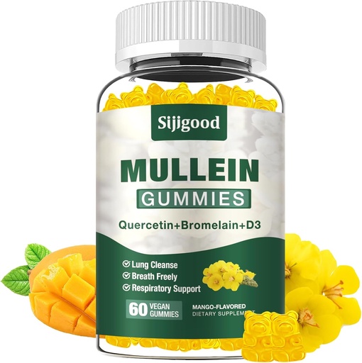 [BRSRA2YHO4HAGCTV] Mullein Gummies for Lungs, Mullein Leaf Extract Supplement for Digestive & Respiratory & Immune Support with Bromelain, Quercetin, Mango Flavor, 60 Count